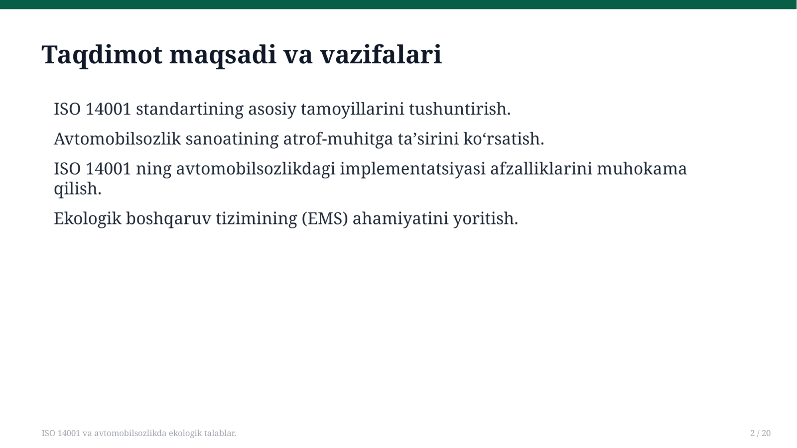 ISO 14001 va avtomobilsozlikda ekologik talablar. — Slayd 2