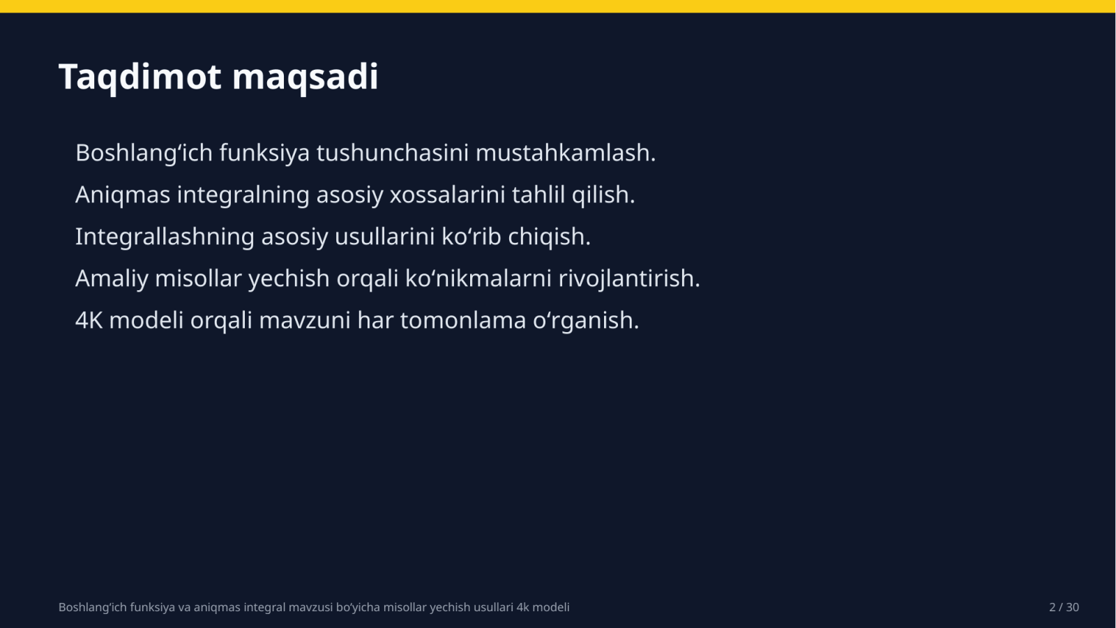 Boshlangʻich funksiya va aniqmas integral mavzusi boʻyicha misollar yechish usullari 4k modeli — Slayd 2