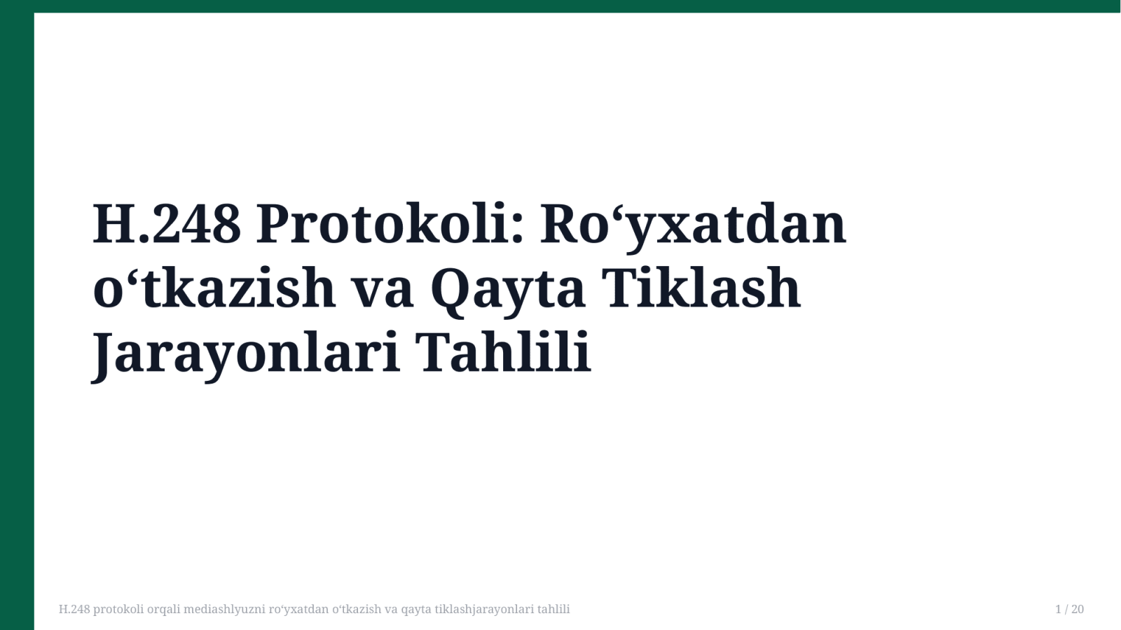 H.248 protokoli orqali mediashlyuzni roʻyxatdan oʻtkazish va qayta tiklashjarayonlari tahlili — Slayd 1