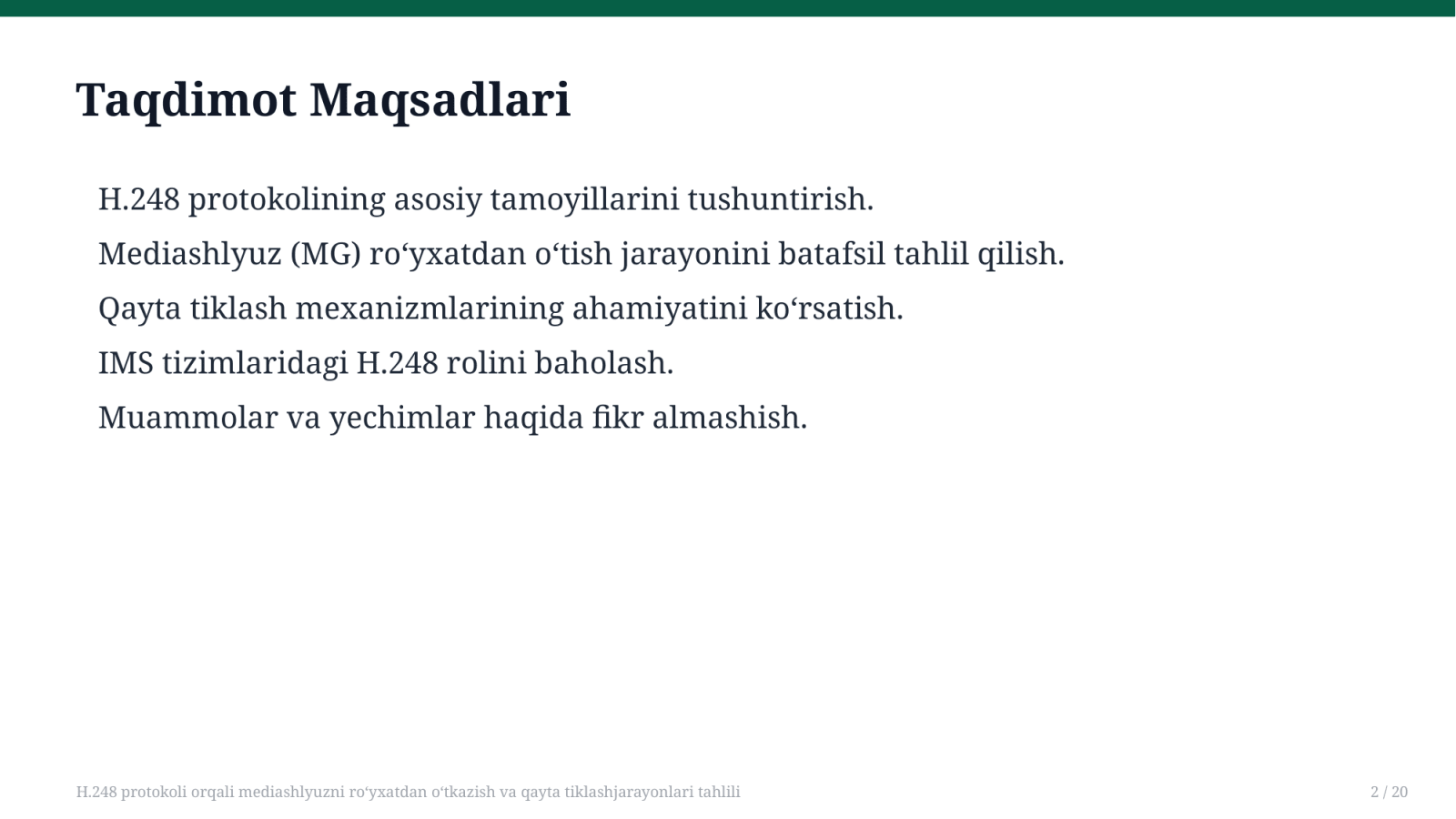 H.248 protokoli orqali mediashlyuzni roʻyxatdan oʻtkazish va qayta tiklashjarayonlari tahlili — Slayd 2