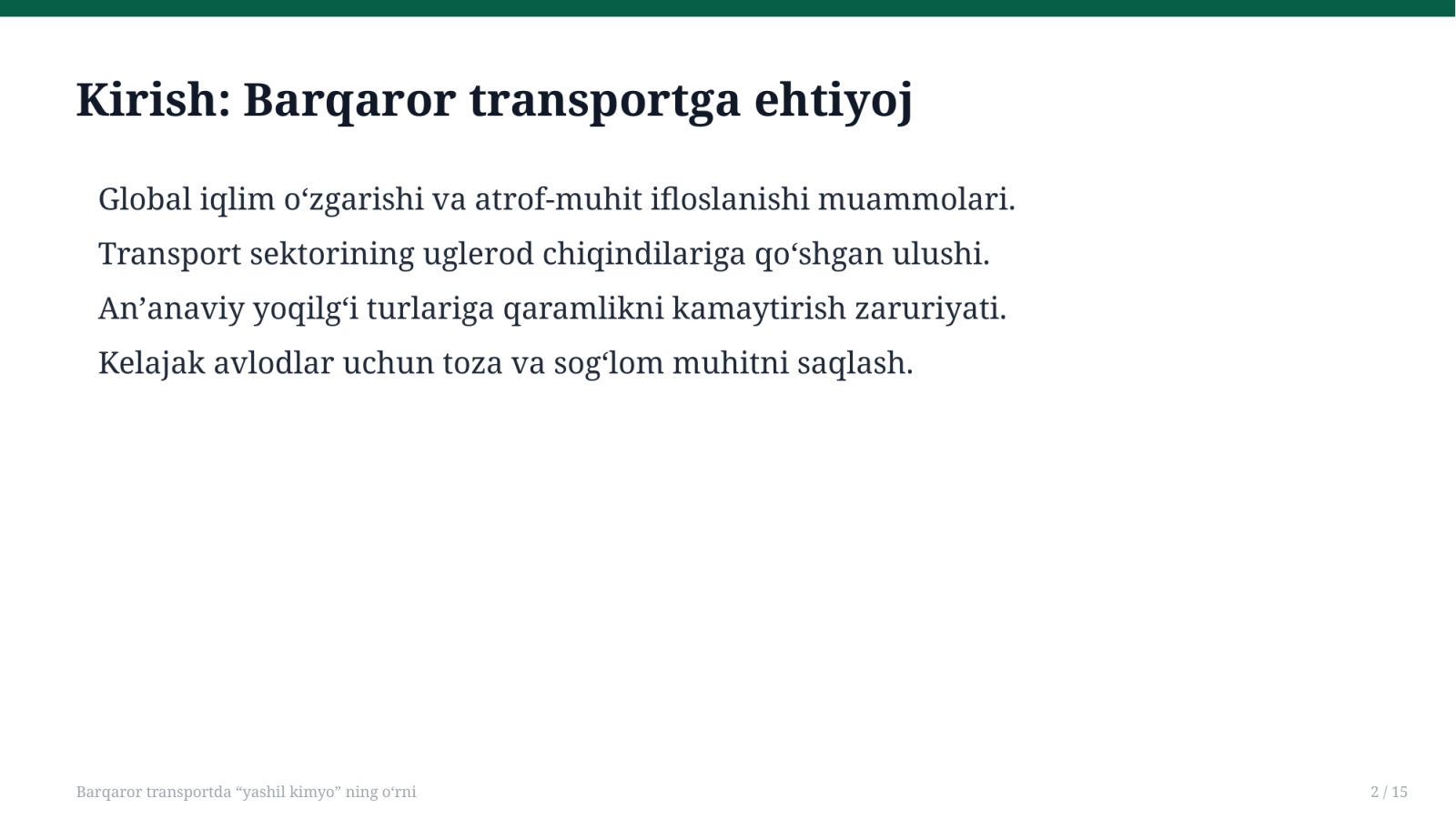 Barqaror transportda “yashil kimyo” ning o’rni — Slayd 2
