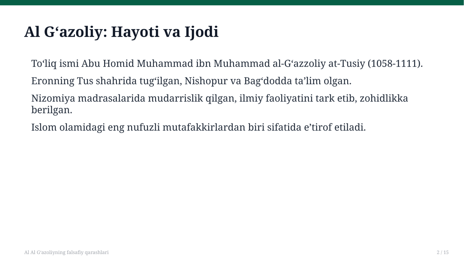 Al Al Gʻazoliyning falsafiy qarashlari — Slayd 2