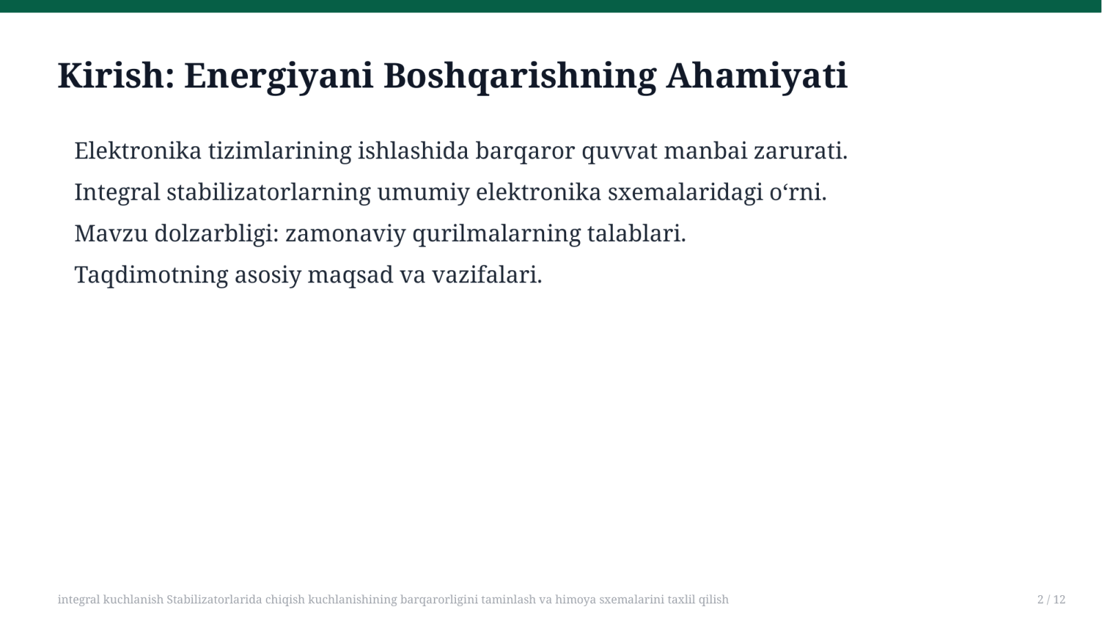 integral kuchlanish Stabilizatorlarida chiqish kuchlanishining barqarorligini taminlash va himoya sxemalarini taxlil qilish — Slayd 2