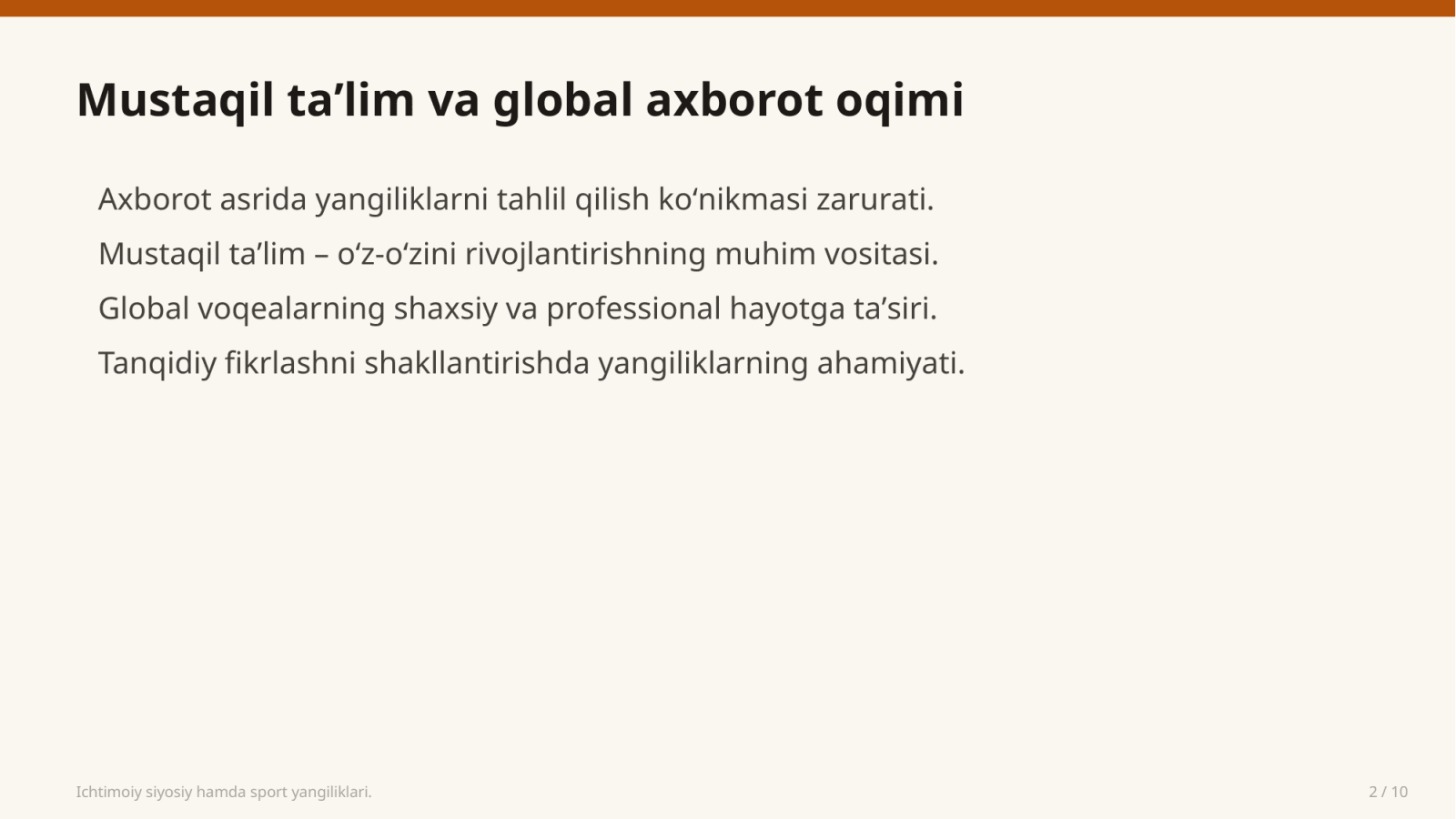 Ichtimoiy siyosiy hamda sport yangiliklari. — Slayd 2