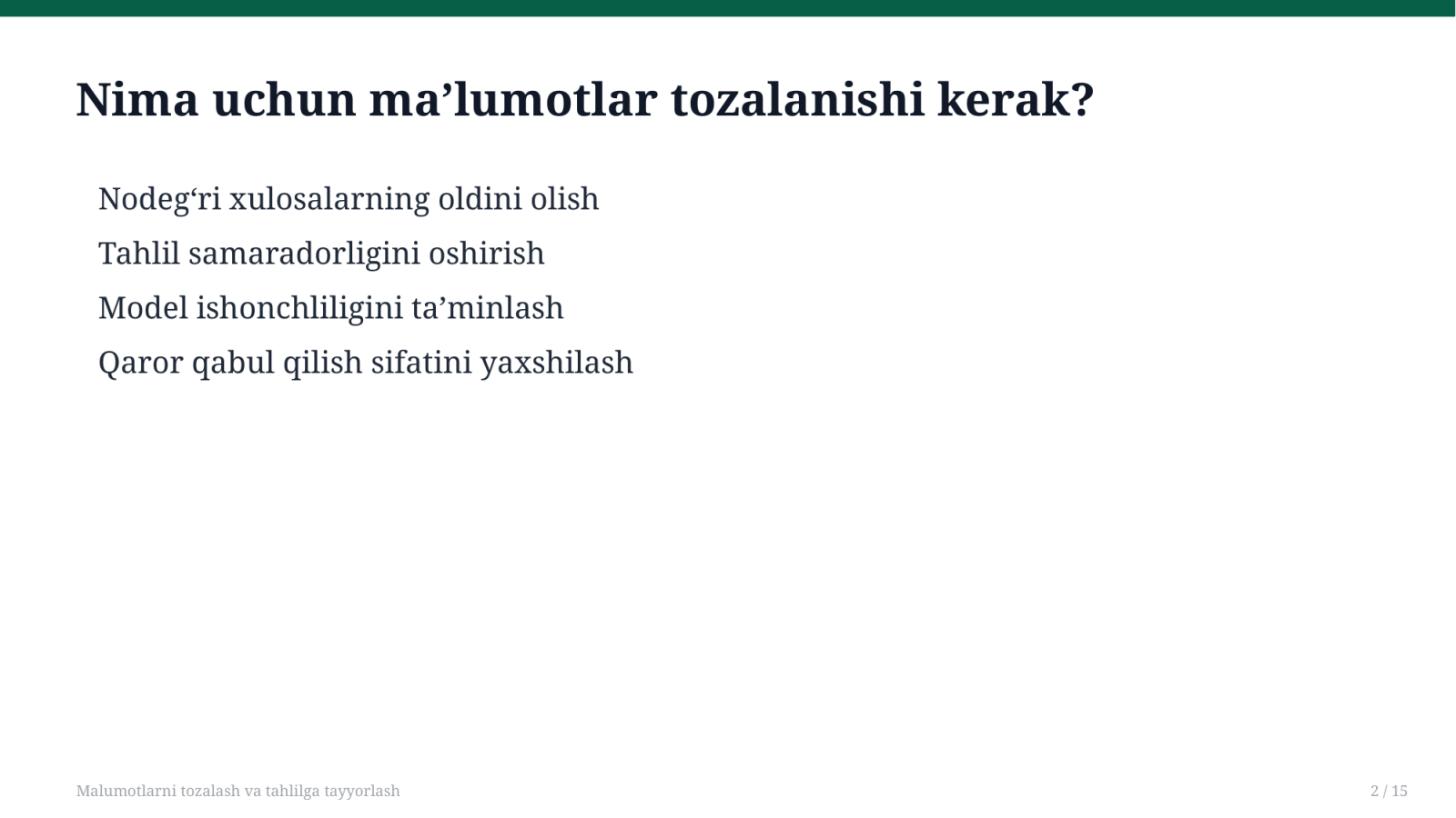 Malumotlarni tozalash va tahlilga tayyorlash — Slayd 2