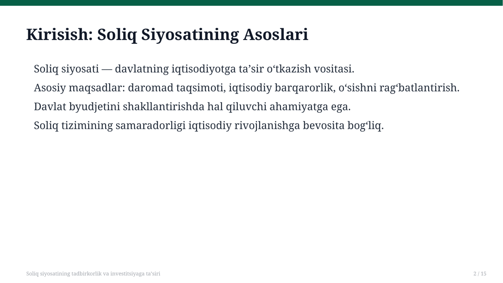 Soliq siyosatining tadbirkorlik va investitsiyaga ta'siri — Slayd 2