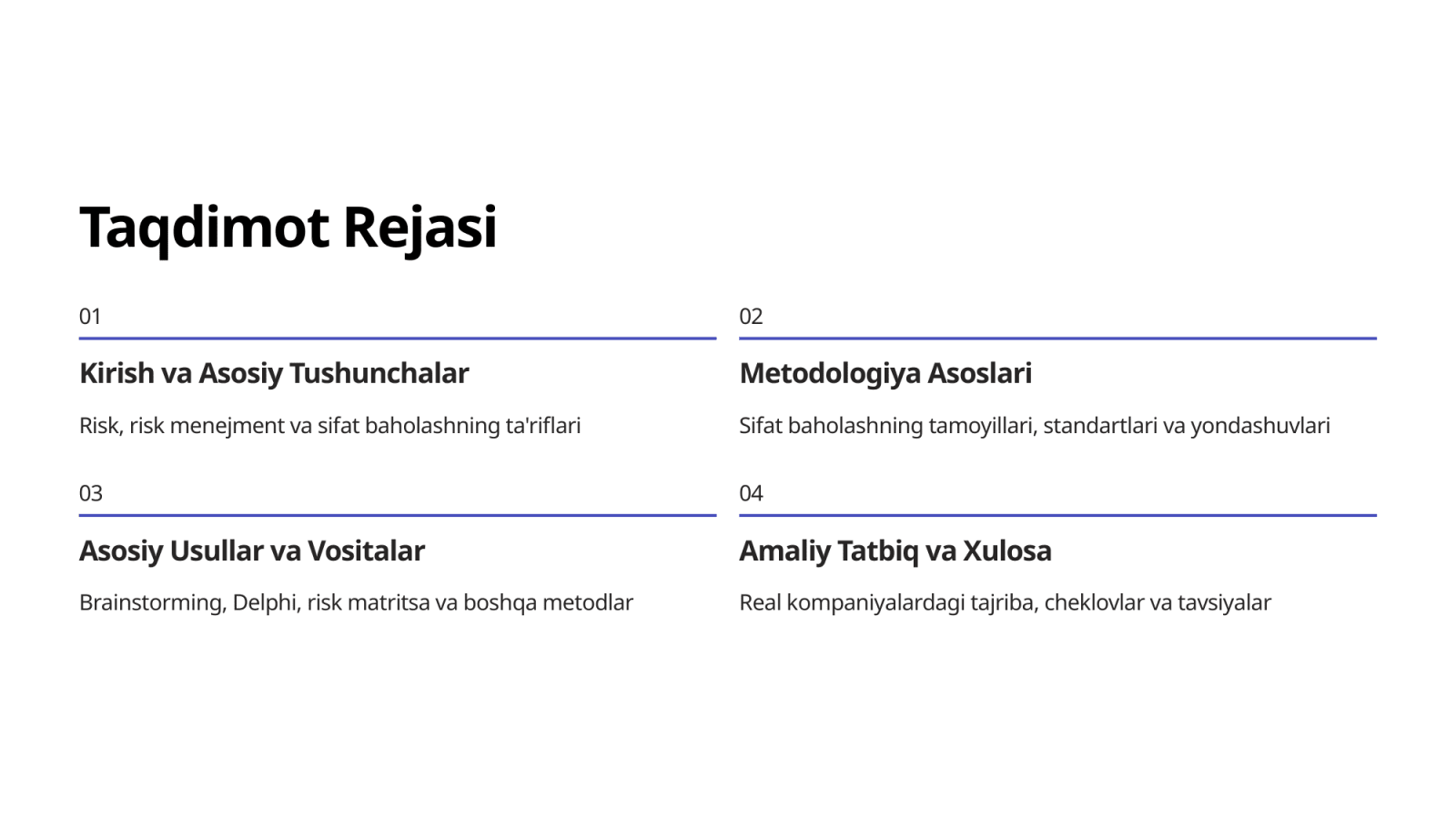 RISKLARNI SIFAT JIHATDAN BAHOLASH METODOLOGIYASI — Slayd 2