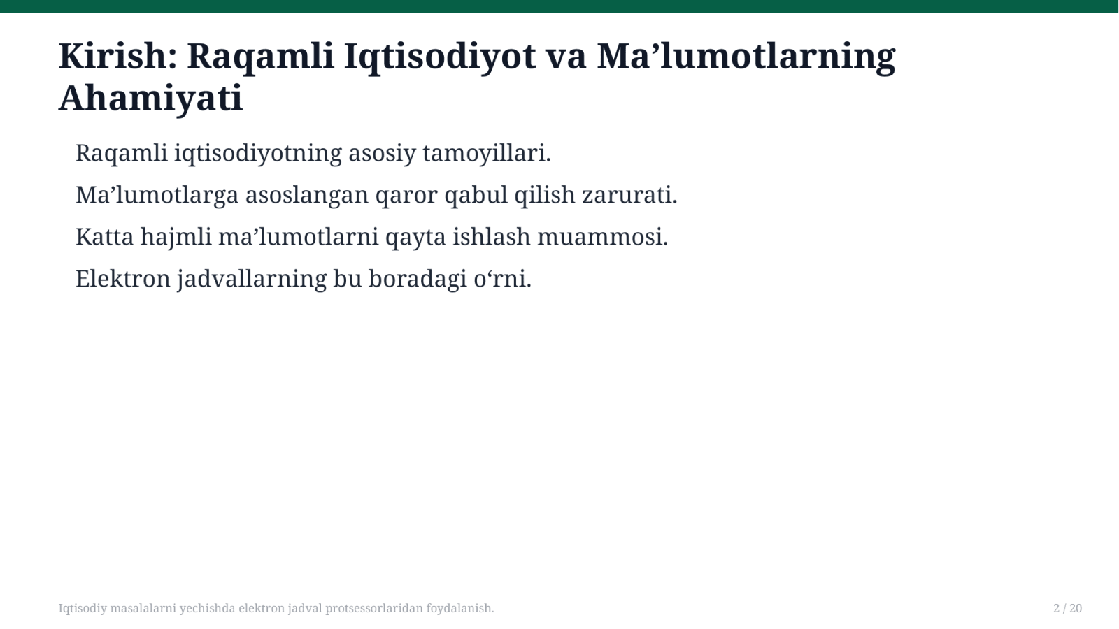Iqtisodiy masalalarni yechishda elektron jadval protsessorlaridan foydalanish. — Slayd 2