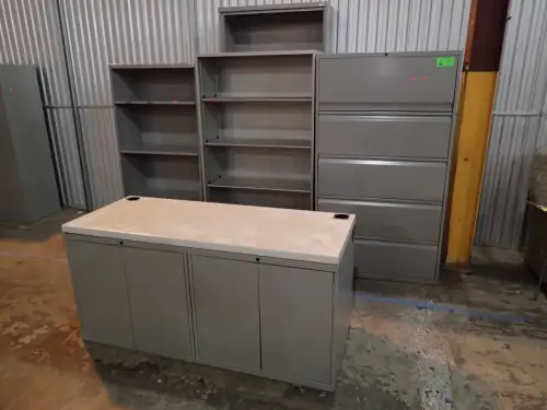 (6) Metal Filing Cabinets and (1) Metal Desk 