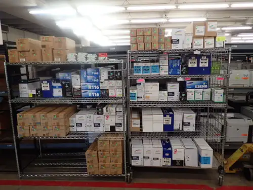 (100+) Toner Cartridges And (12) Assorted Ink Cartridges With (8) Waste Toner Boxes