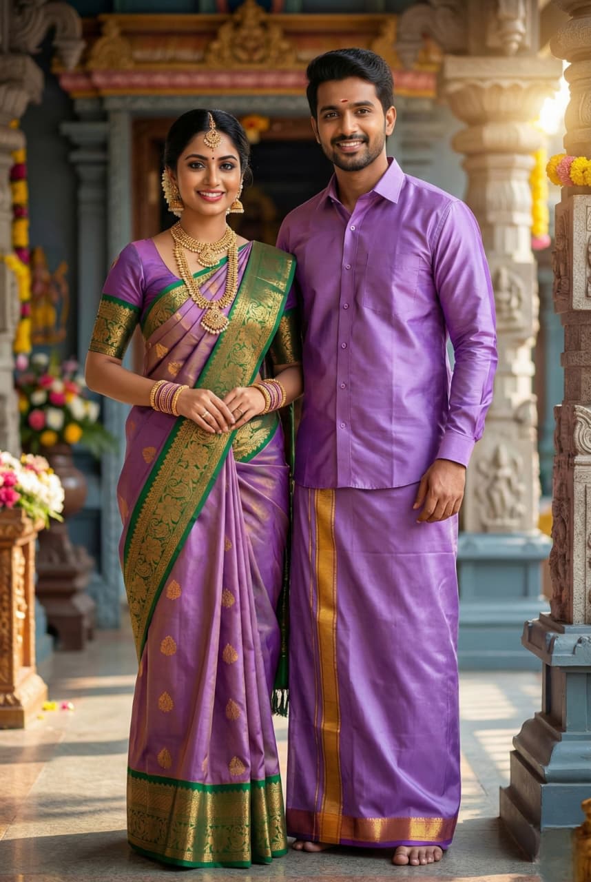MANGALYAM KORVAI KOTTANJI TANA SOFT SILK SAREE - Violet Purple Olive Green - Image 1