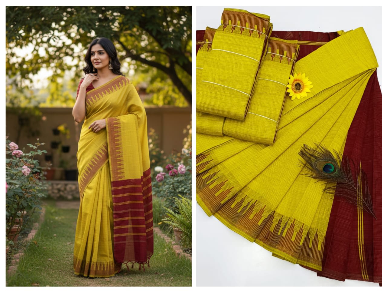 KORVAI BORDER SILK COTTON SAREES_Yellow - Image 1