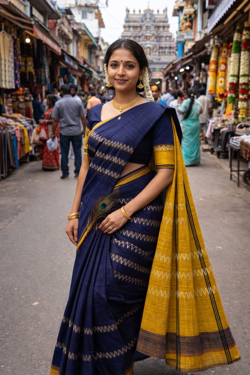KORVAI BORDER SILK COTTON SAREES_Dark Navy Blue - Image 1