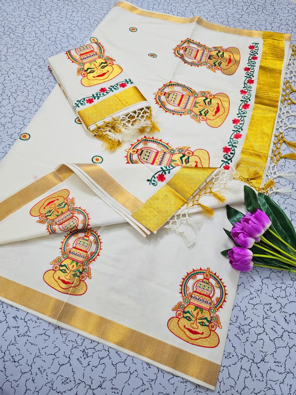 ONAM Special Saree - White Gold Brown - Image 1