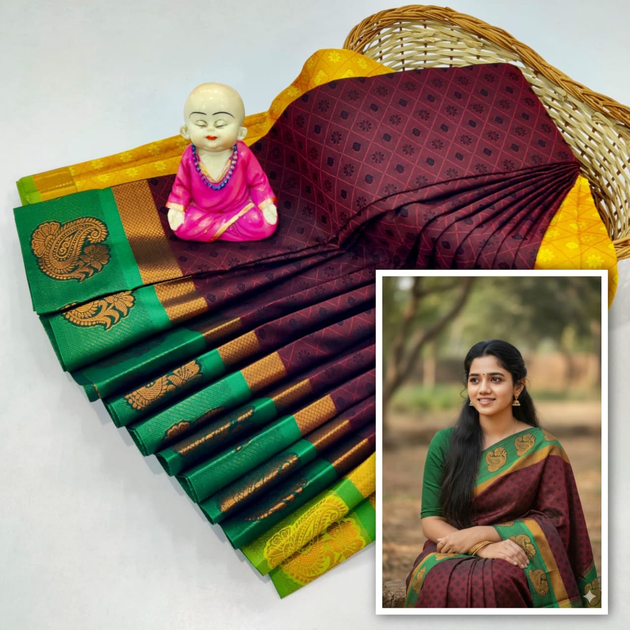 3D Embossed Art Silks Saree_Maroon Green - Image 1