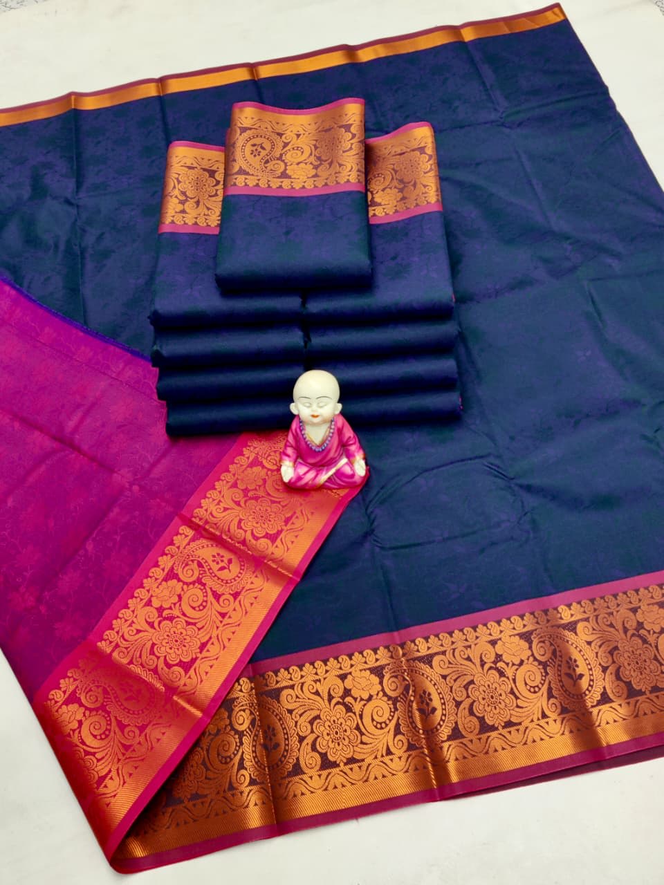 3D Embossed Art Silks Saree_Navy Blue - Image 1