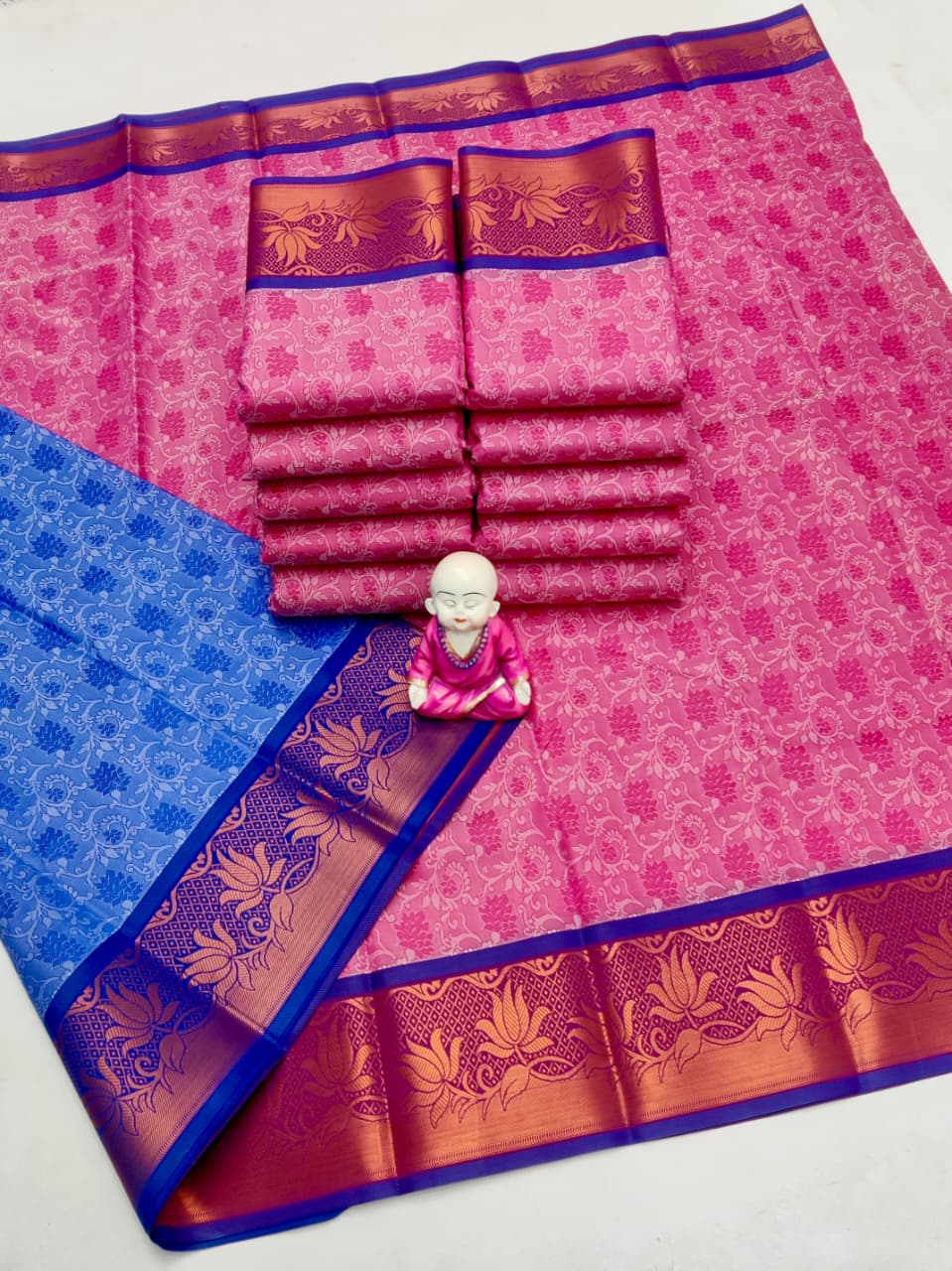 3D Embossed Art Silks Saree_Pink Blue - Image 1