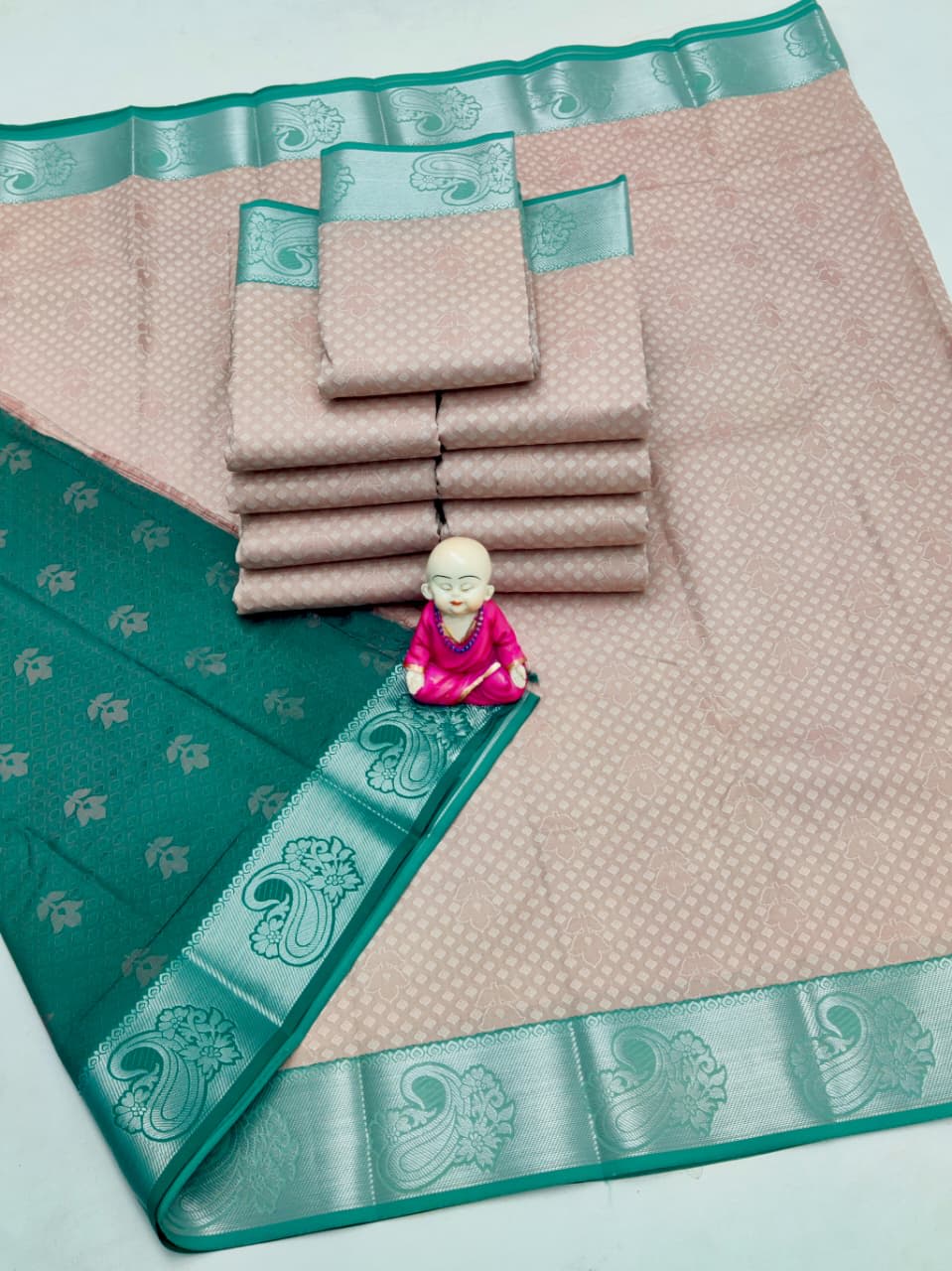 3D Embossed Art Silks Saree_Beige Mint Green - Image 1