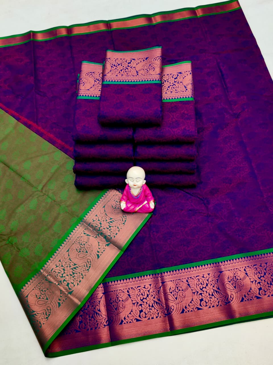 3D Embossed Art Silks Saree_Purple Green - Image 1