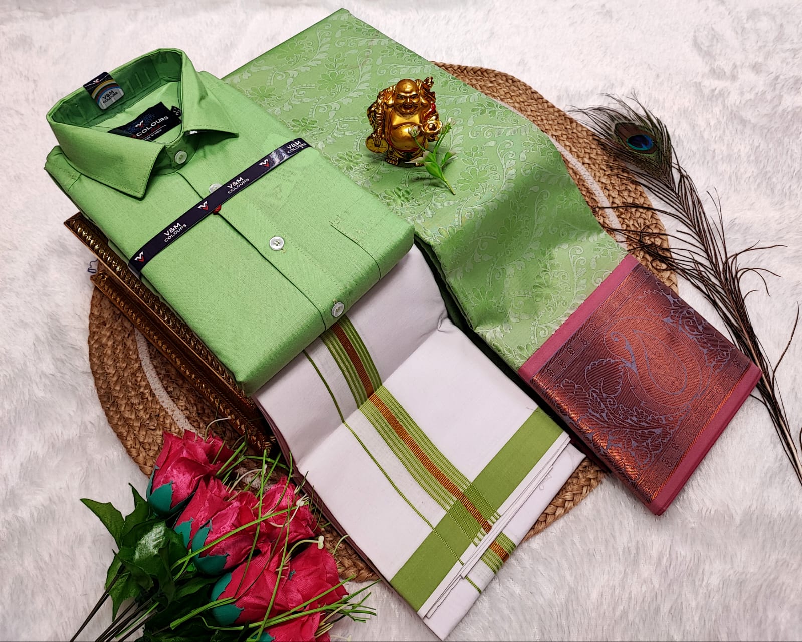 Cotton Blended Heavy Quality shirt & Dhothi - Light Green