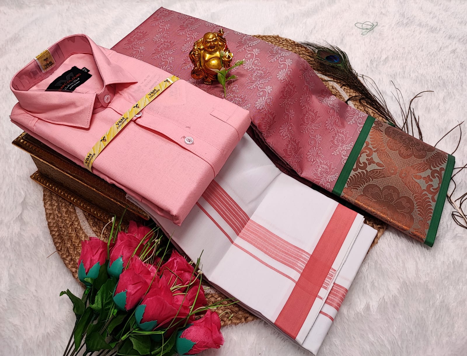 Cotton Blended Heavy Quality shirt & Dhothi - Light Pink
