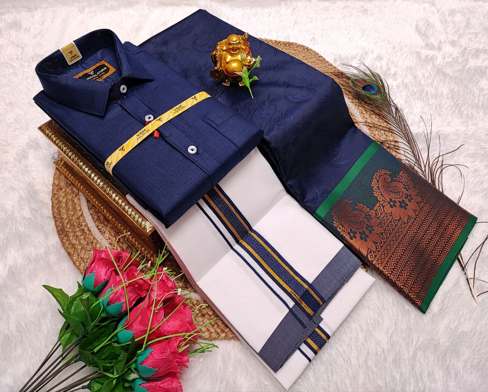 Cotton Blended Heavy Quality shirt & Dhothi - Dark Navy Blue