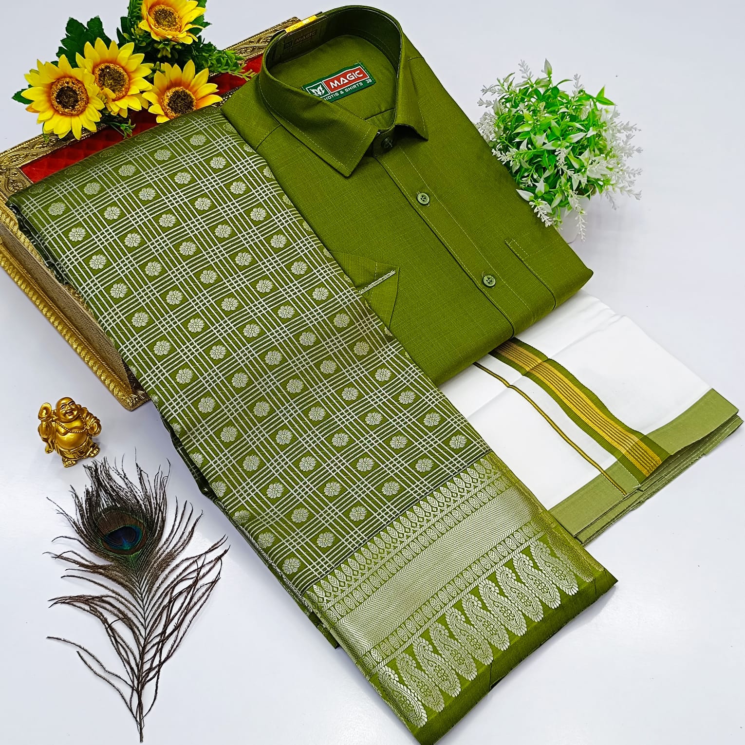 Ellampillai SILK SAREES& COTTON DOTIS, SHIRTS - Olive Green