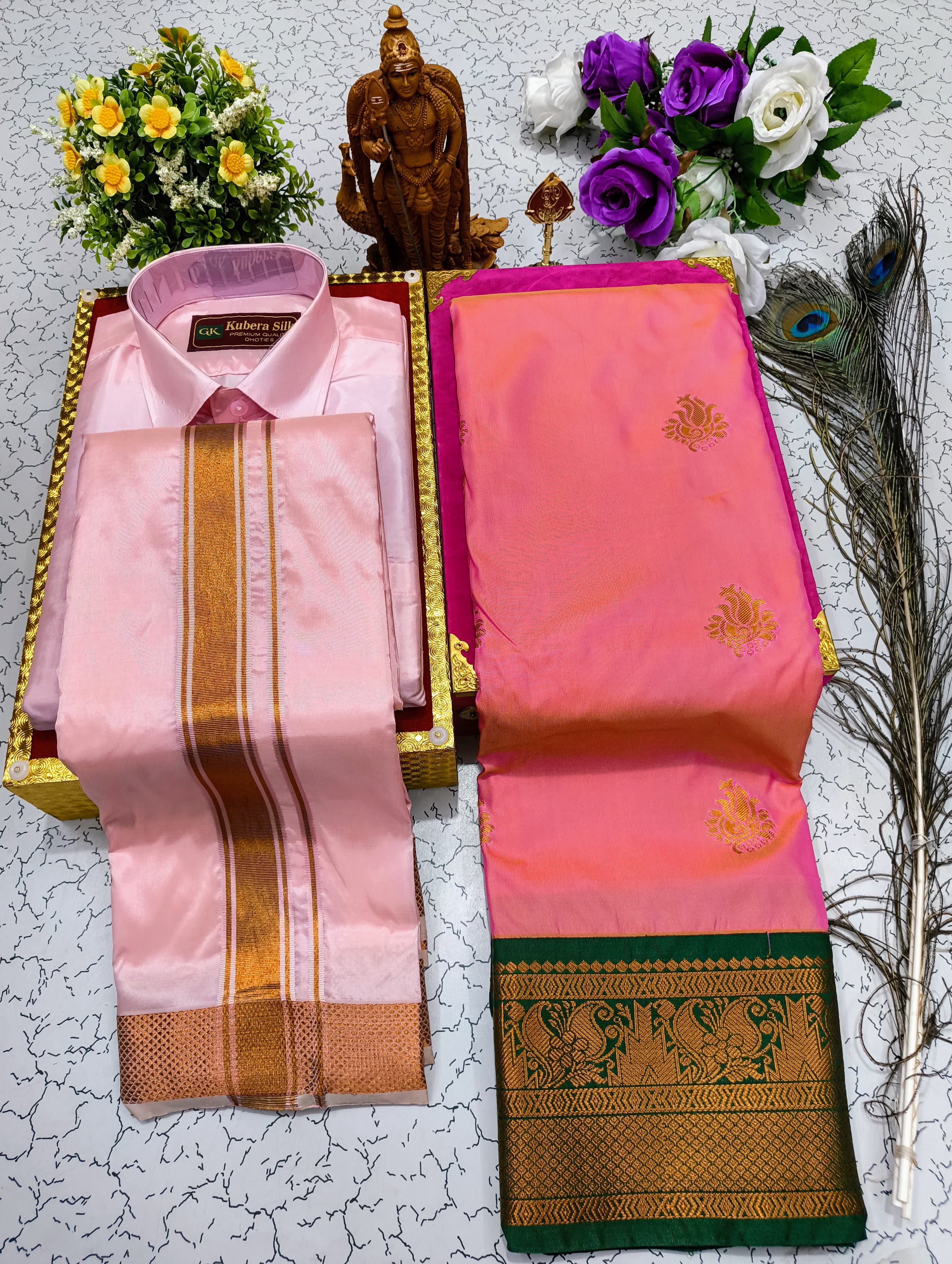 MANGALYAM KORVAI KOTTANJI TANA SOFT SILK SAREE - Light Pink Dark Green
