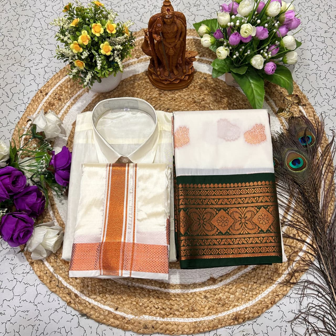 MANGALYAM KORVAI KOTTANJI TANA SOFT SILK SAREE - Cream White Dark Green