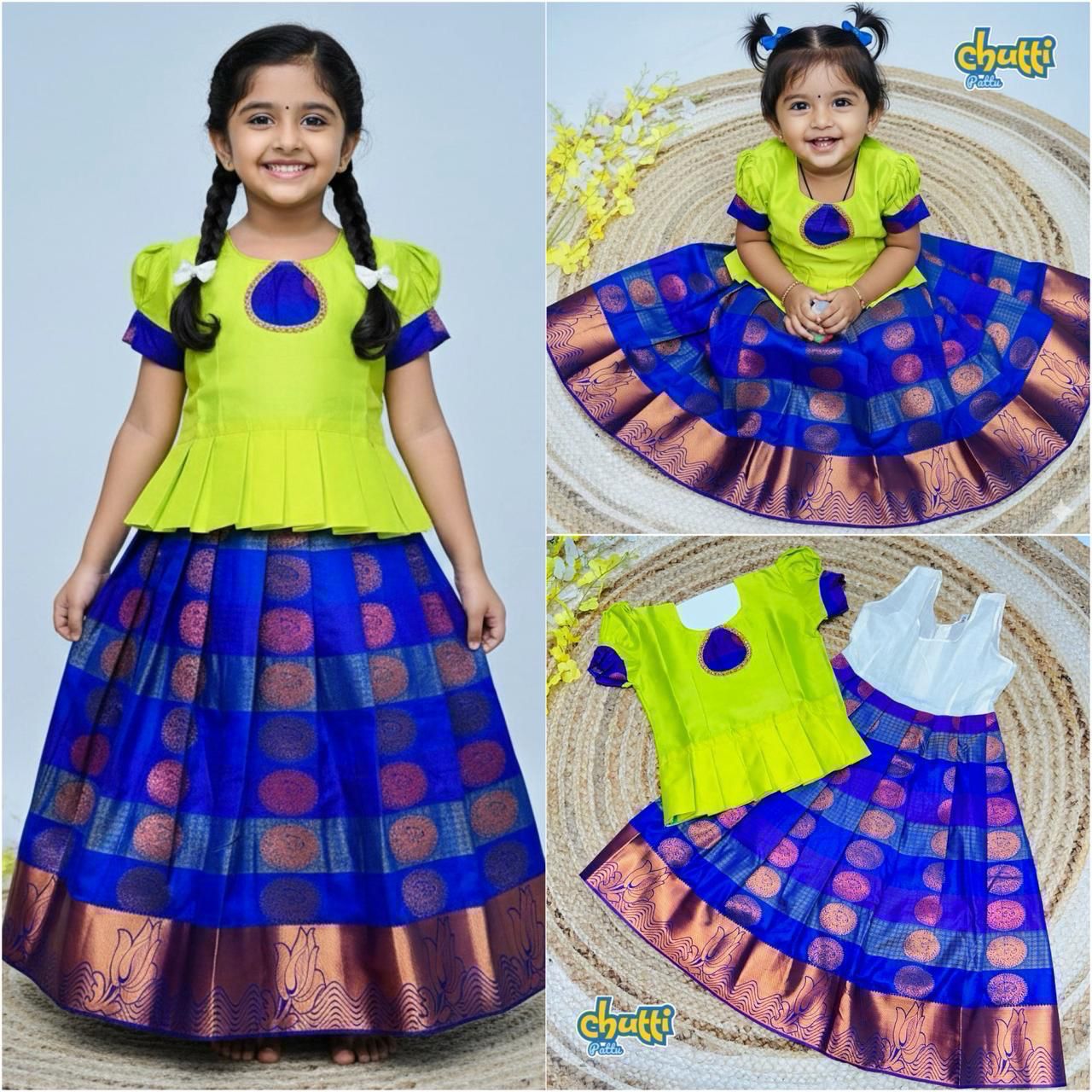 New Trending Collection Chutti Pattu Pavadai Dresses - Lime Green Royal Blue