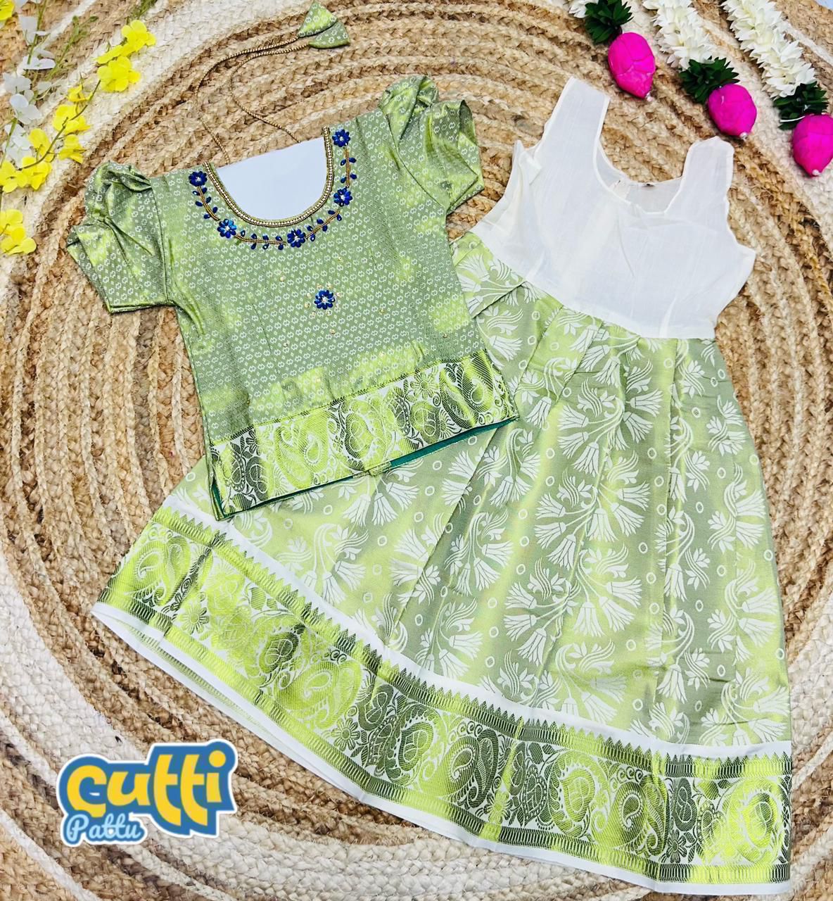 New Trending Collection Chutti Pattu Pavadai Dresses - Light Olive Green