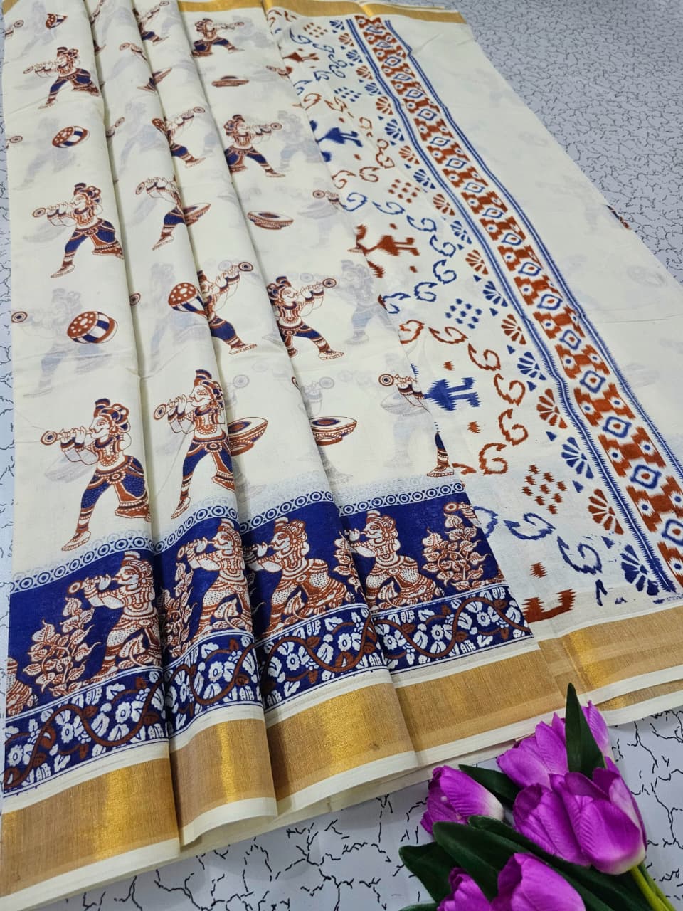 PRINTED WORK Kerala COTTON SAREES - White Gold Navy Blue