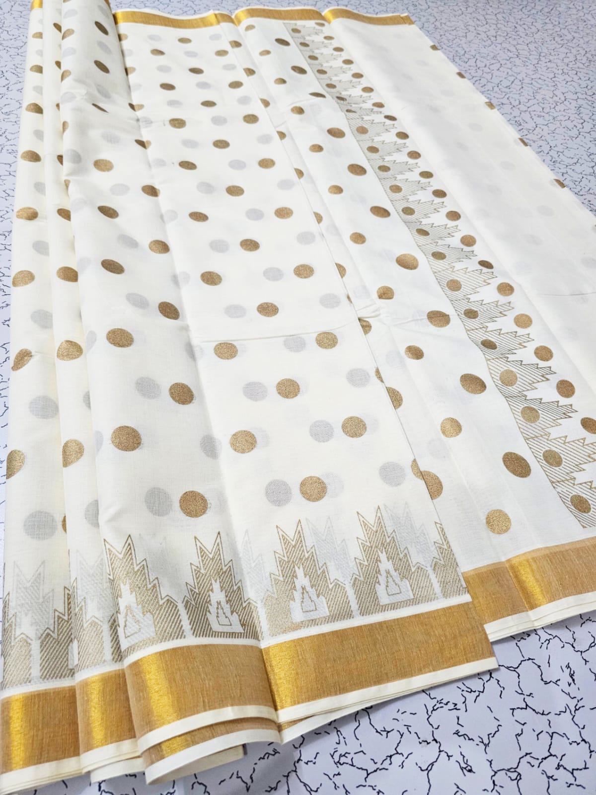 PRINTED WORK Kerala COTTON SAREES - White Gold Light Brown
