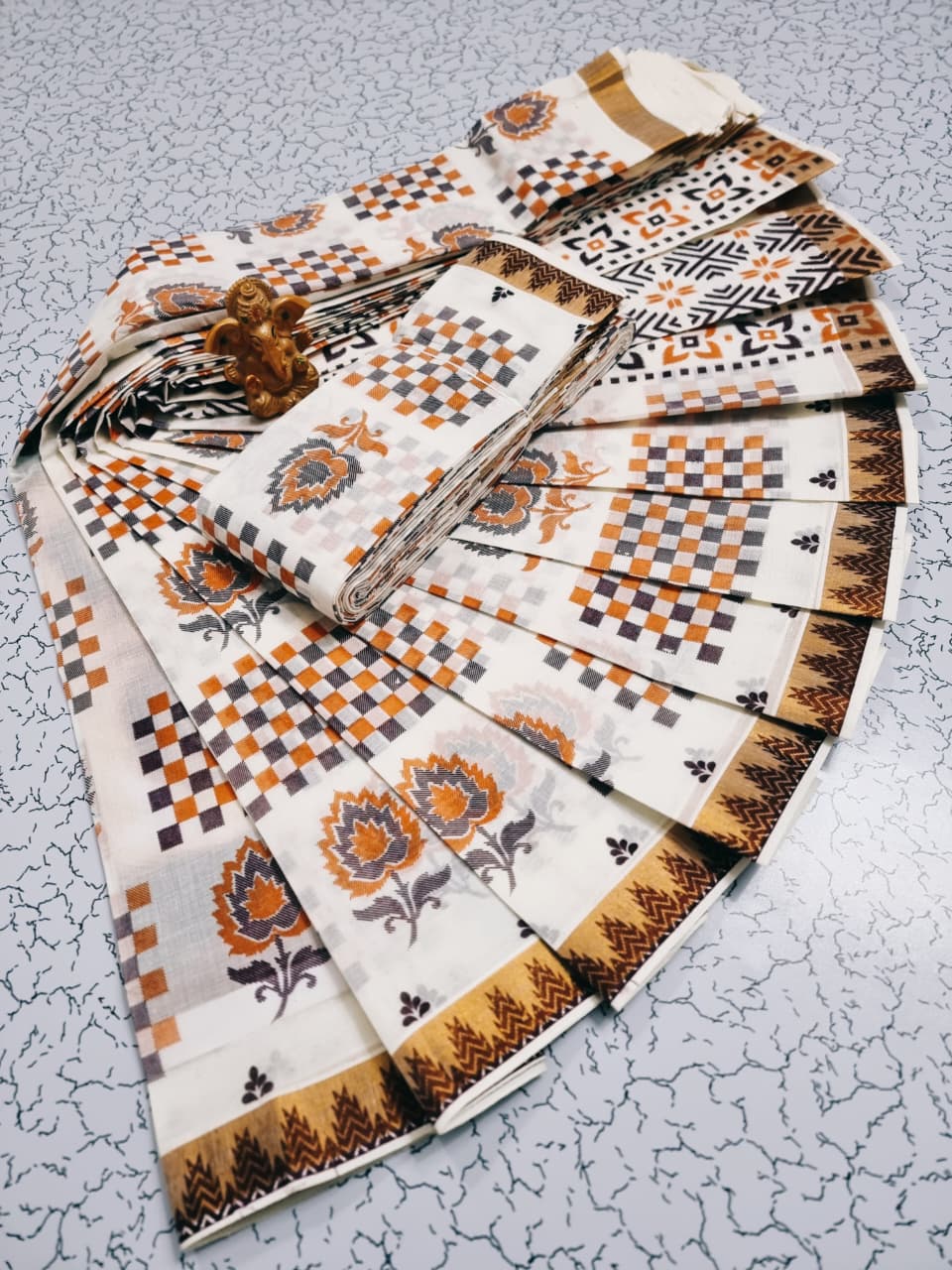 PRINTED WORK Kerala COTTON SAREES - White Gold Brown Orange
