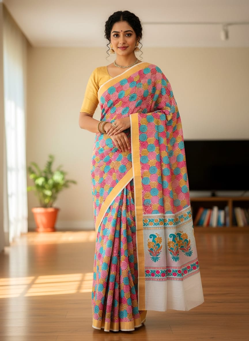 PRINTED WORK Kerala COTTON SAREES - White Gold Multi Color