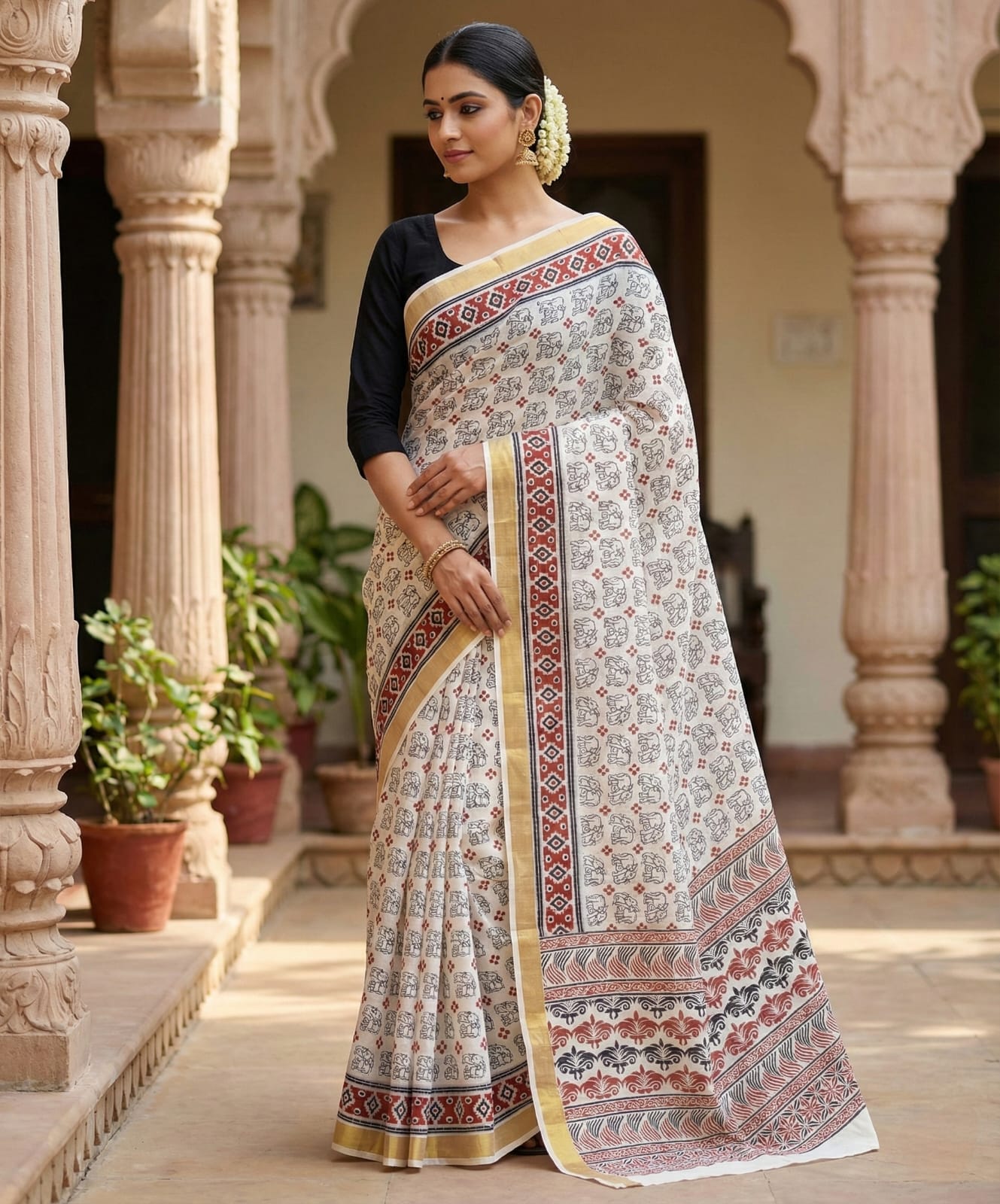 PRINTED WORK Kerala COTTON SAREES - White Gold Blue Orange