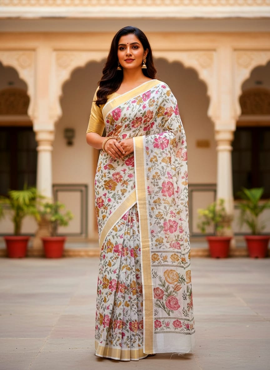 PRINTED WORK Kerala COTTON SAREES - White Gold Pink Green