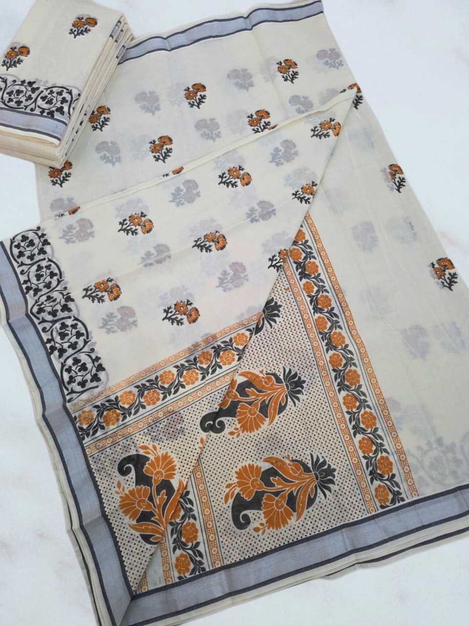 PRINTED WORK Kerala COTTON SAREES - White Gold Grey Orange