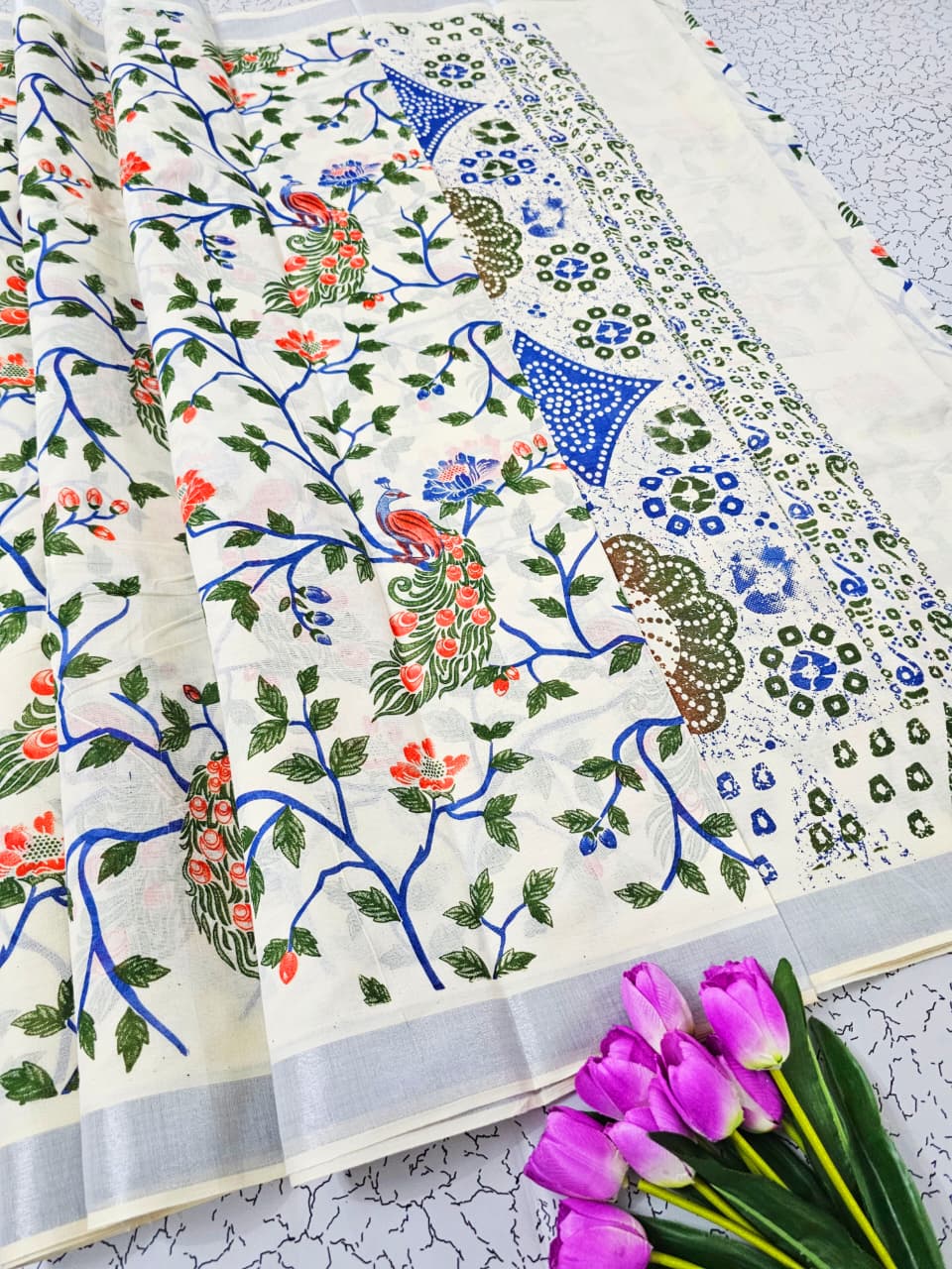 PRINTED WORK Kerala COTTON SAREES - White Gold Blue Grey