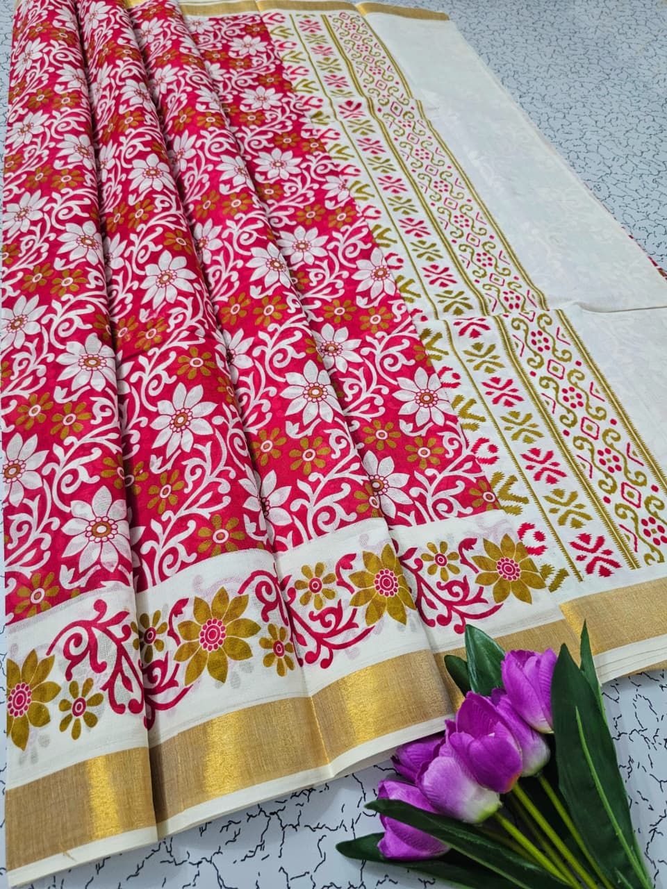 PRINTED WORK Kerala COTTON SAREES - White Gold Red