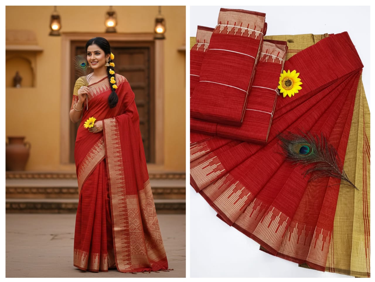 KORVAI BORDER SILK COTTON SAREES_Red