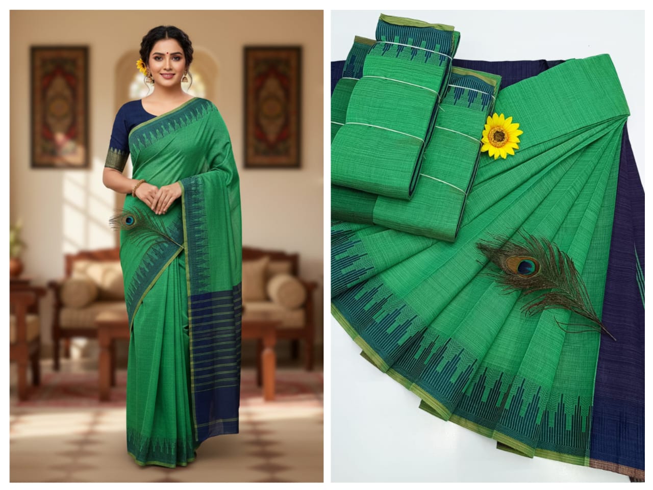 KORVAI BORDER SILK COTTON SAREES_Green