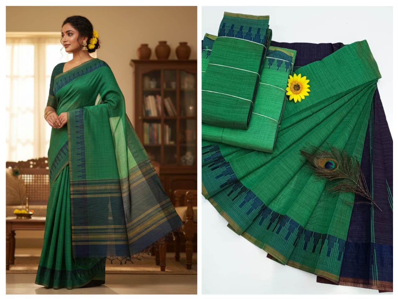 KORVAI BORDER SILK COTTON SAREES_Green