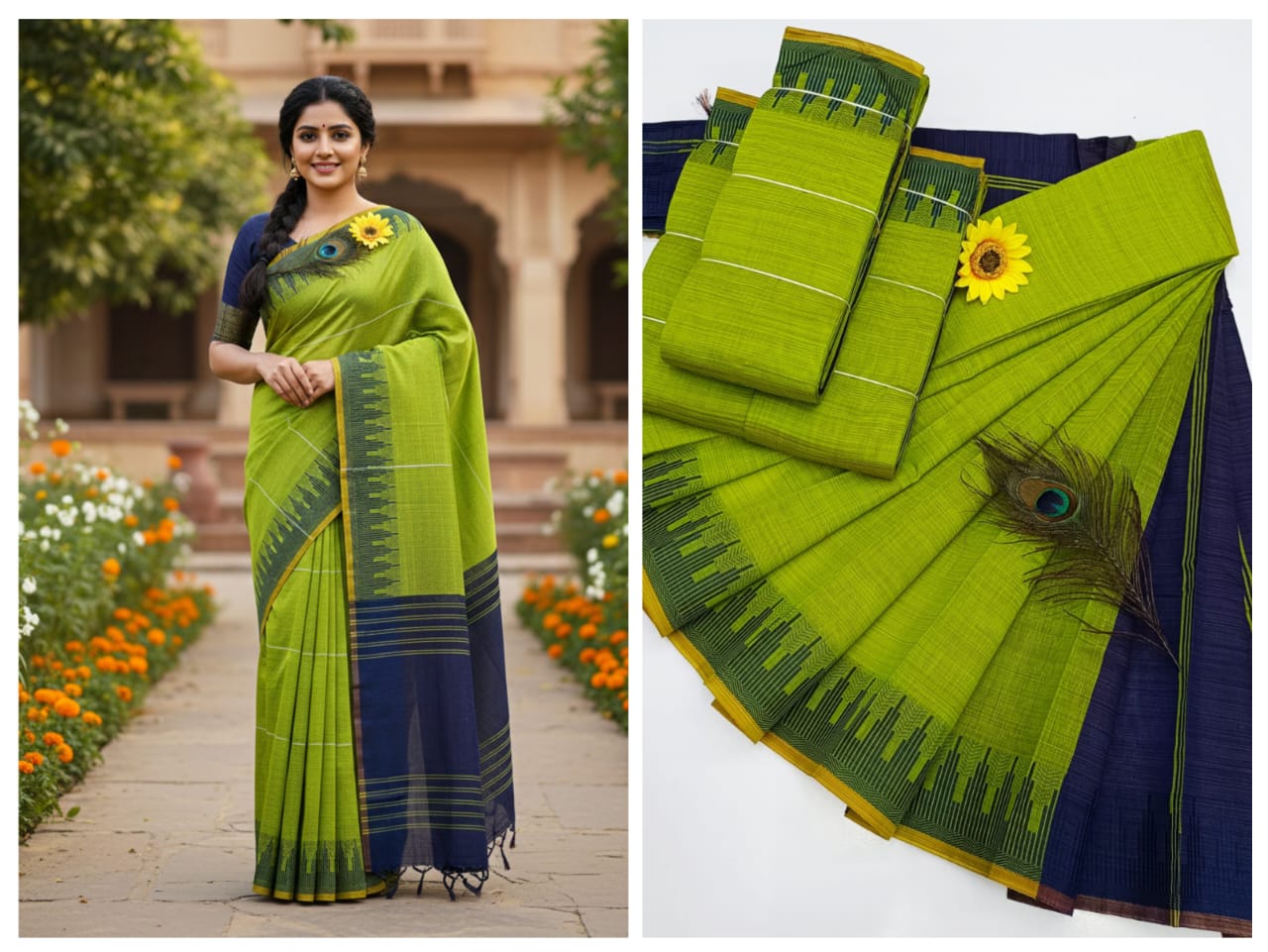 KORVAI BORDER SILK COTTON SAREES_Light Green