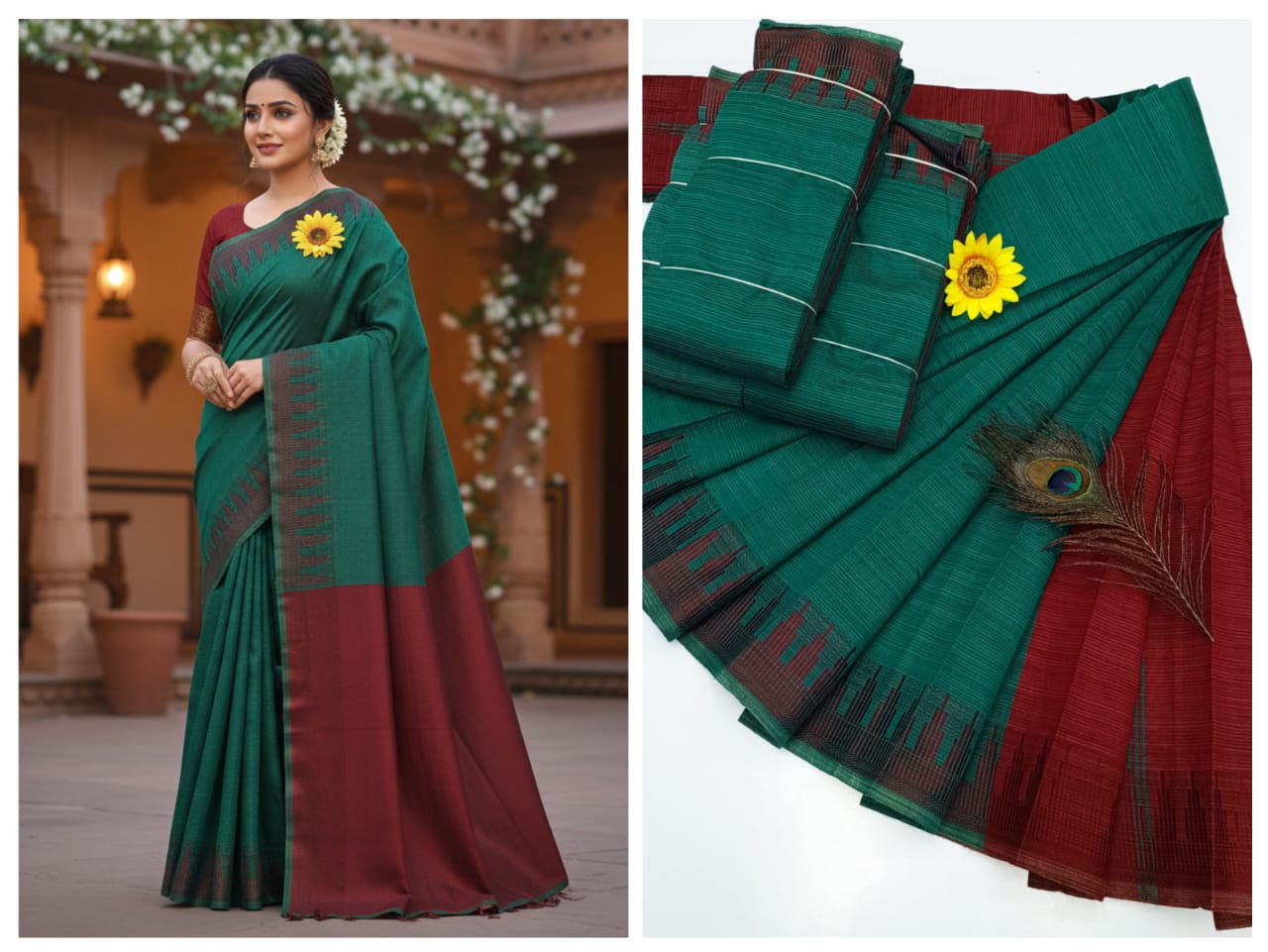 KORVAI BORDER SILK COTTON SAREES_Green