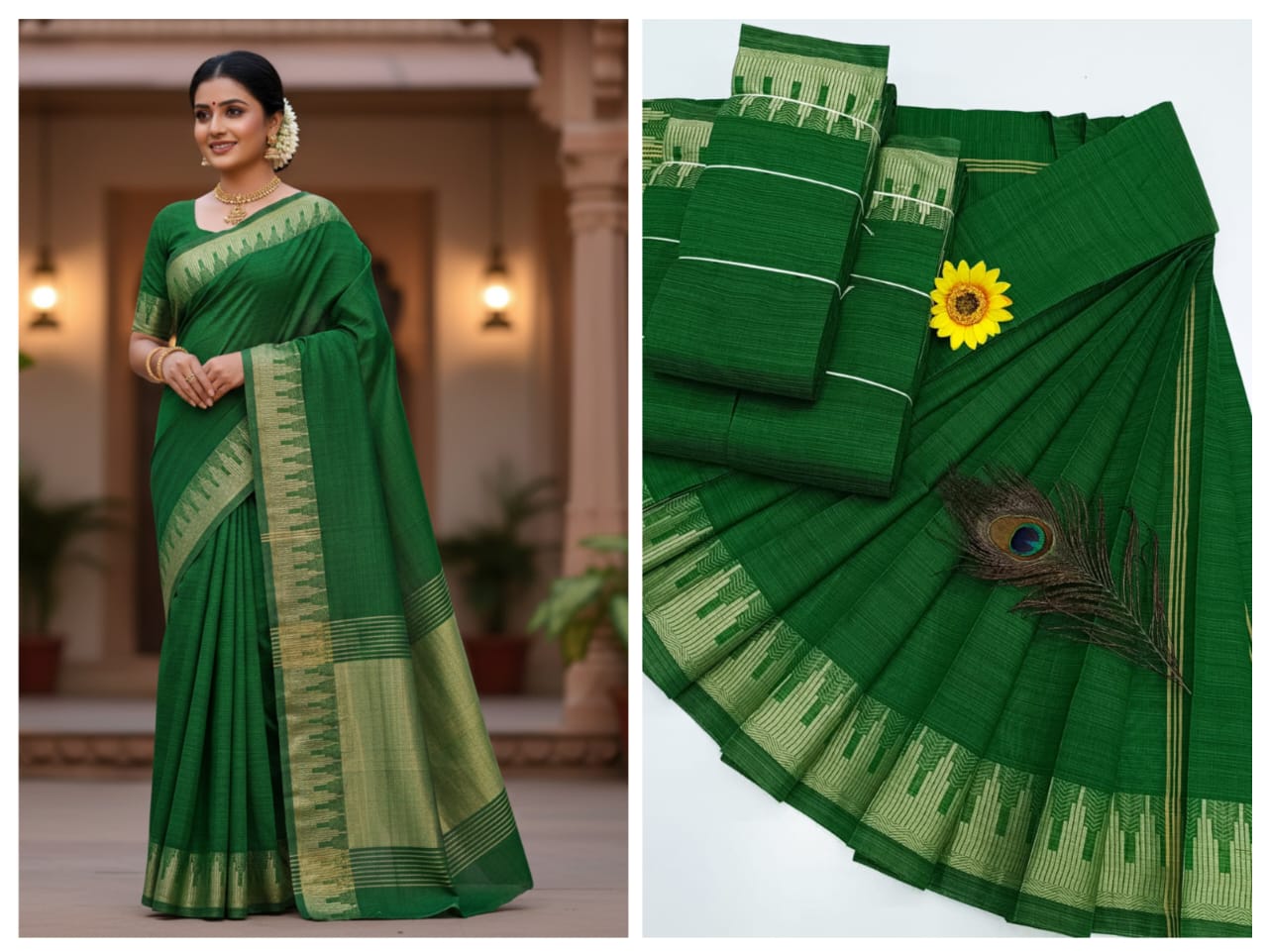 KORVAI BORDER SILK COTTON SAREES_Green