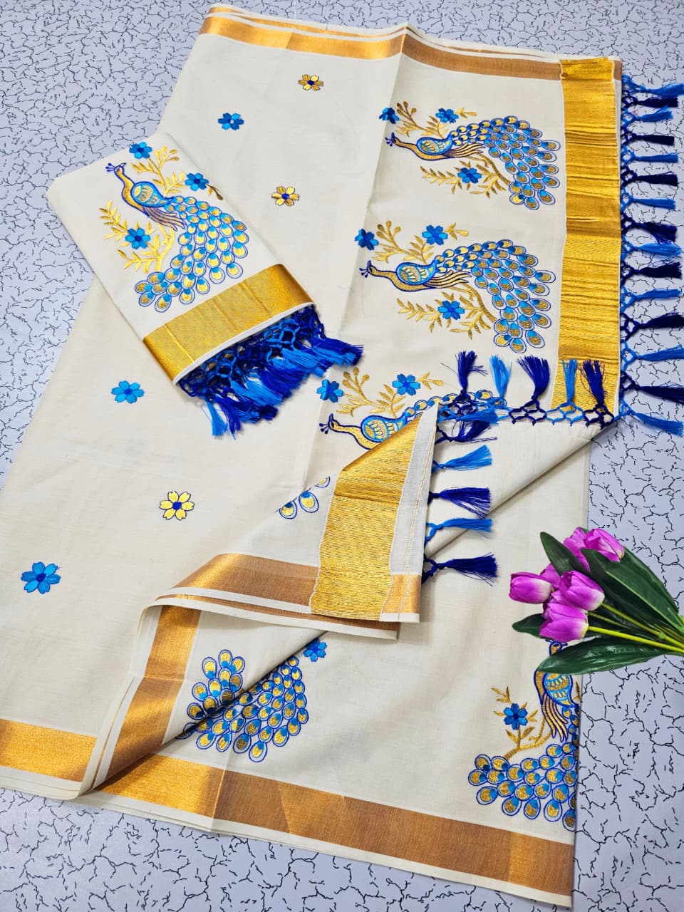 ONAM Special Saree - White Blue