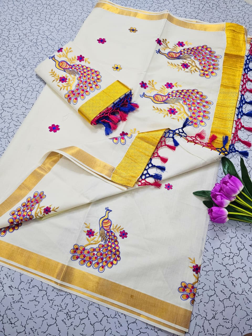 ONAM Special Saree - White Pink Blue