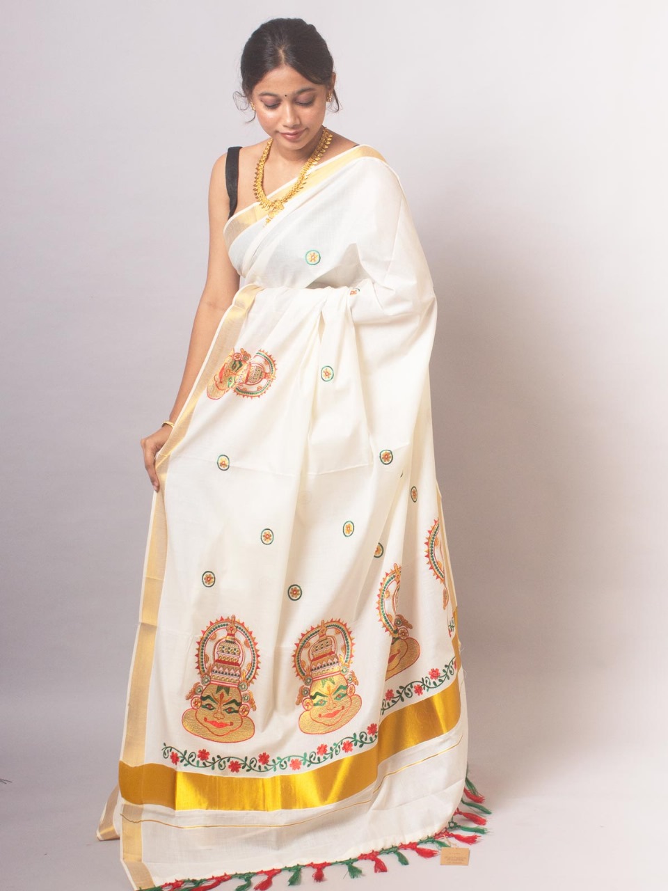 ONAM Special Saree - White Gold Brown