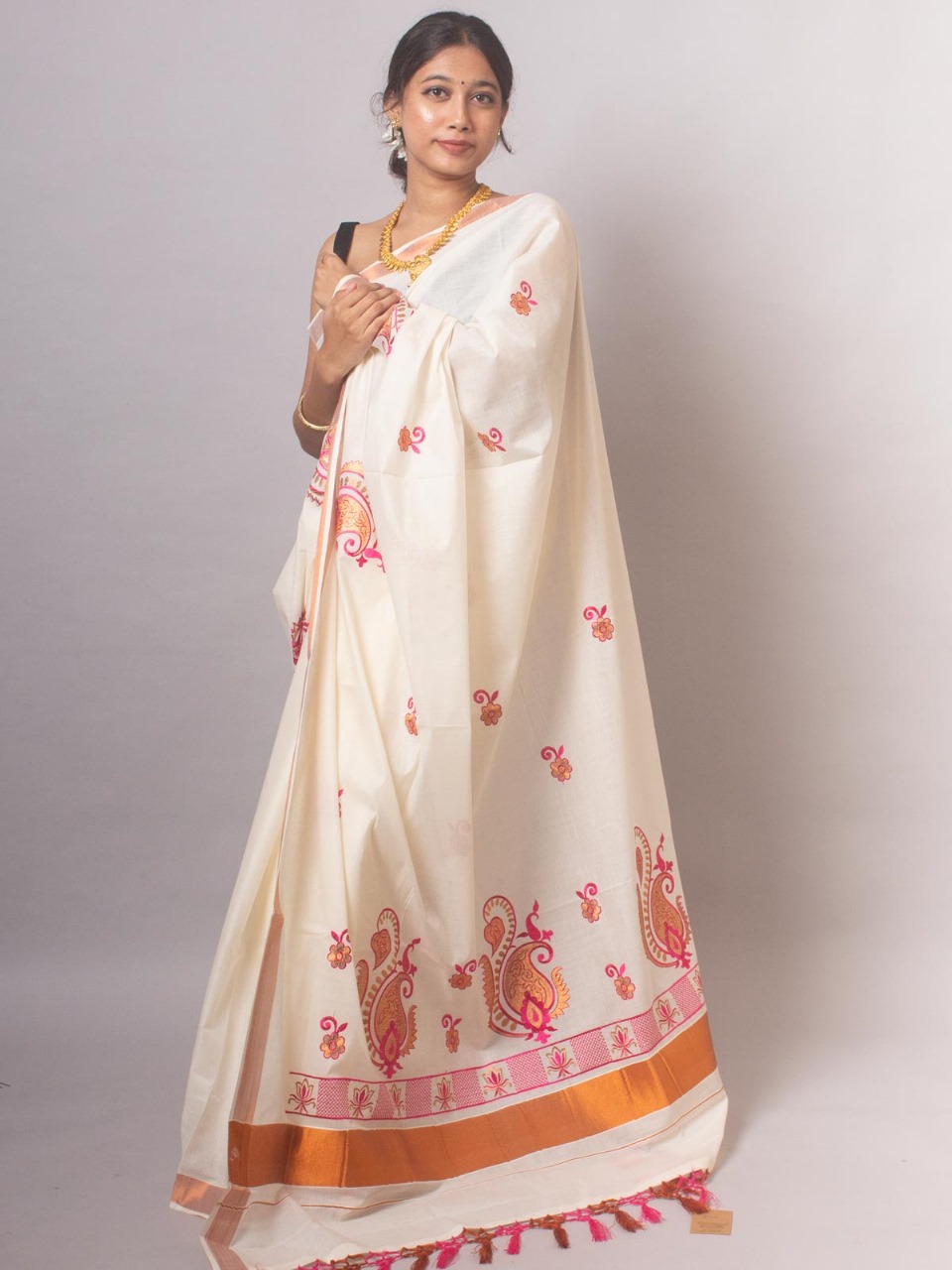 ONAM Special Saree - White Peach Pink